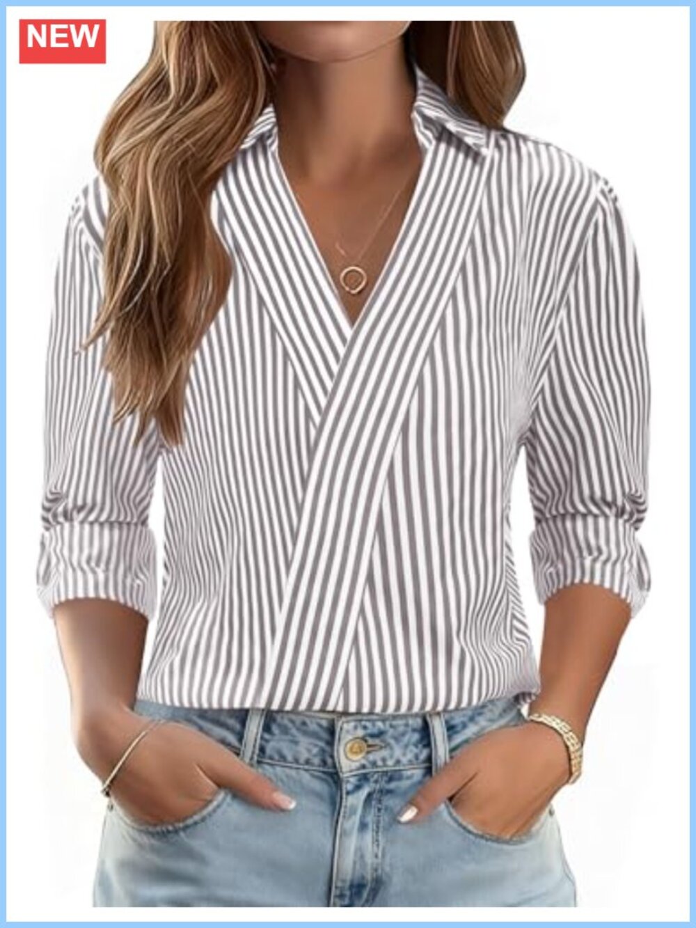 3/4 Sleeve V Neck Collared Blouse Dressy Casual Work Shirt